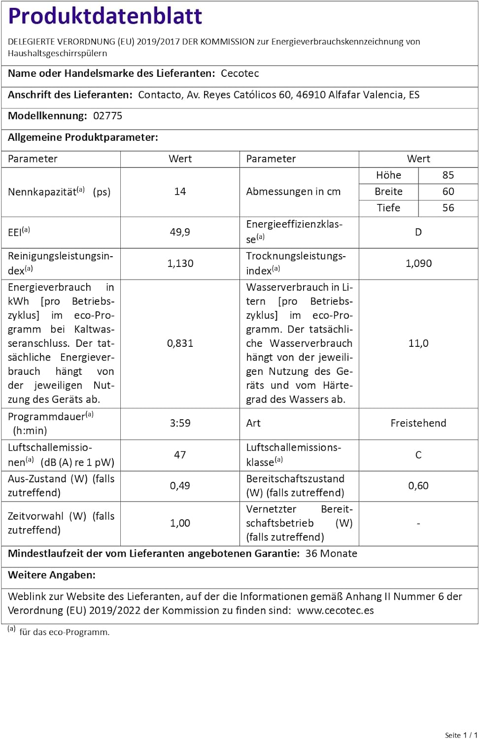 Cecotec - Bolero Aguazero 6200 D - 14 couverts - 6 programmes, classe D, 1850W