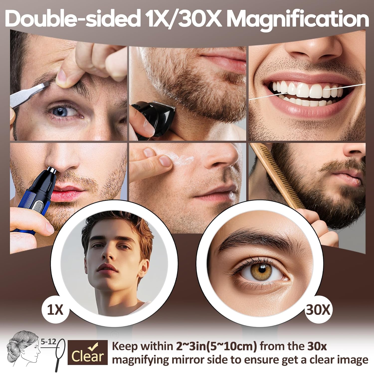 Miroir de maquillage - double face 1X/30X, 2000mAh, 3 lumières, compact