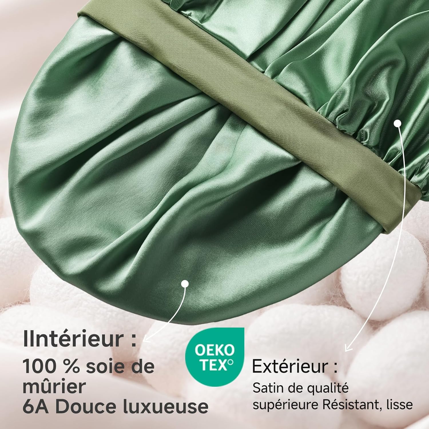 Umisleep - Bonnet nuit soie 22 Momme, double épaisseur, vert, cheveux longs ou bouclés