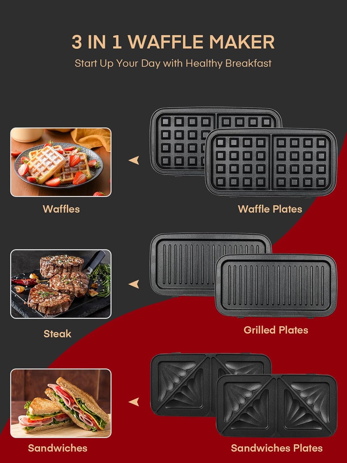 Croque Monsieur multifonction - 1200W - plaques amovibles, 5 vitesses, chauffe rapide, nettoyage facile, rouge