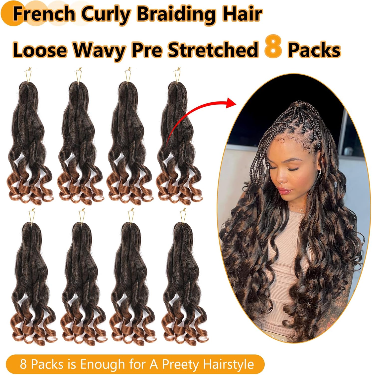 French Curl Braids - tresses bouclées 56cm, 8 paquets, effet wavy 1B/30