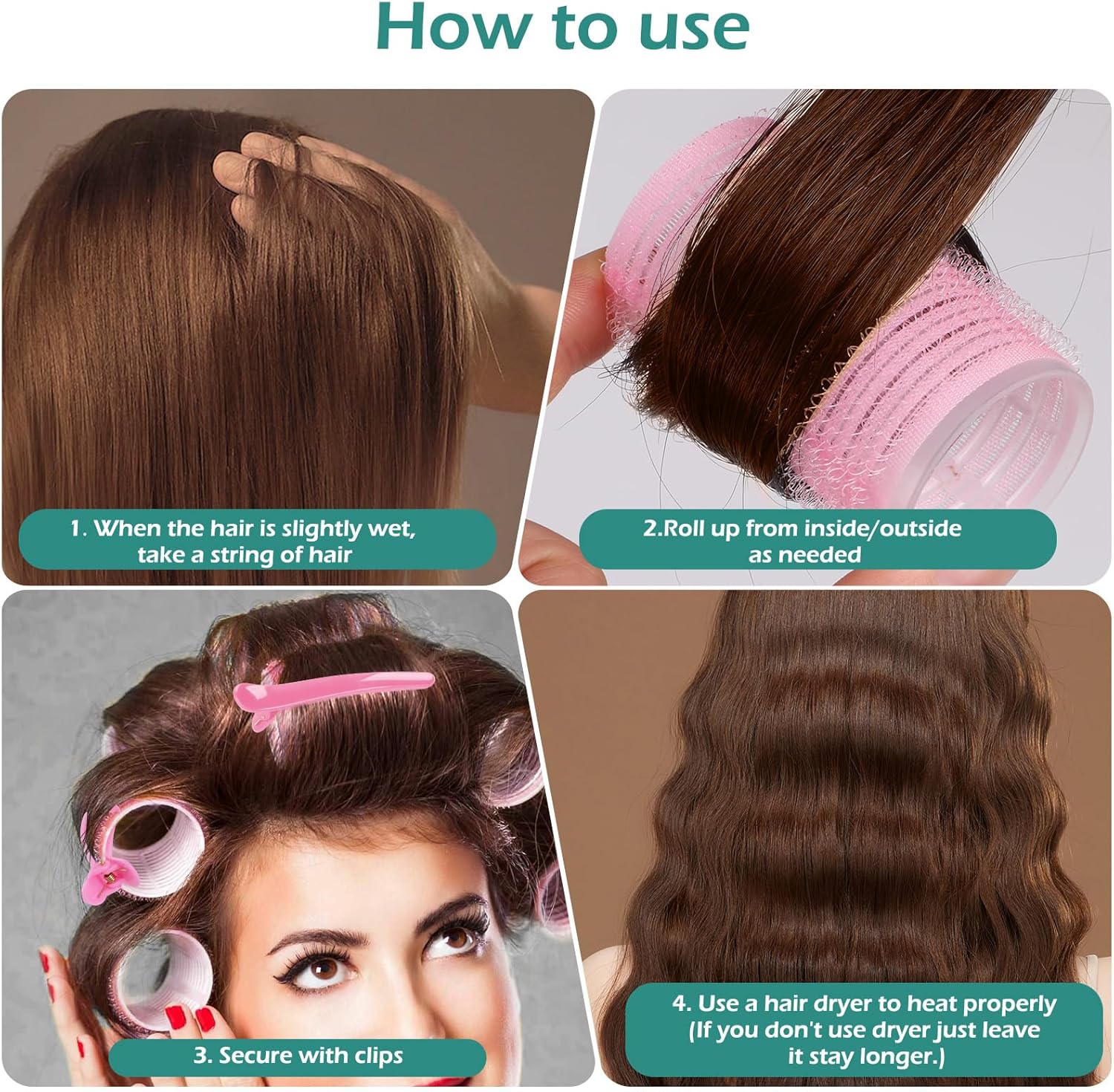 GeeRic - bigoudis auto-agrippants - lot de 33 - sans chaleur, pinces, peigne, rose