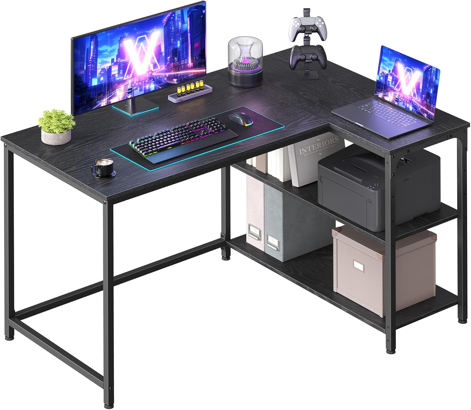 VASAGLE - bureau gaming LWD135BE01 - 110x80cm - étagères réglables, rangement