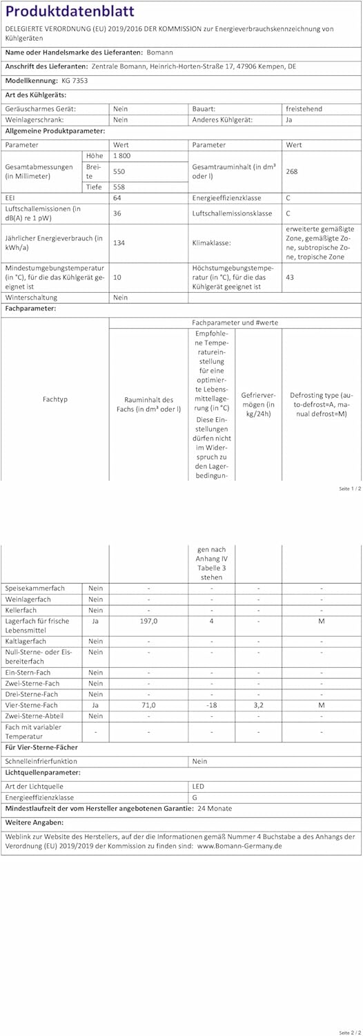 Bomann - KG7353 - réfrigérateur-congélateur 55cm, 268L, éclairage LED, inox