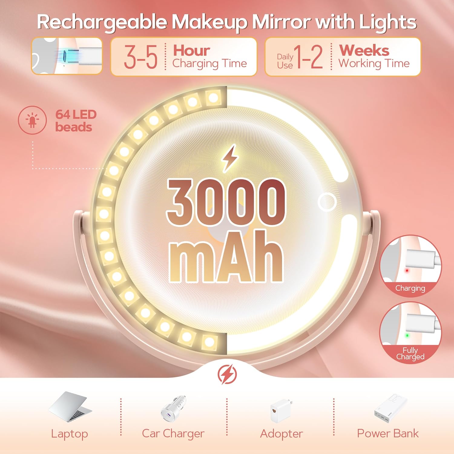 B Beauty Planet - miroir maquillage LED 30X, 2 côtés, 3 lumières, rose