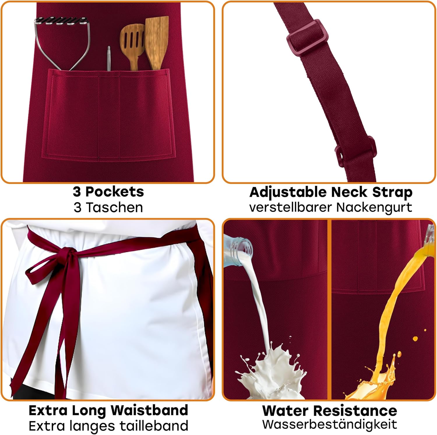 LEFUNDA - tablier cuisine réglable 3 poches étanche - longues lanières