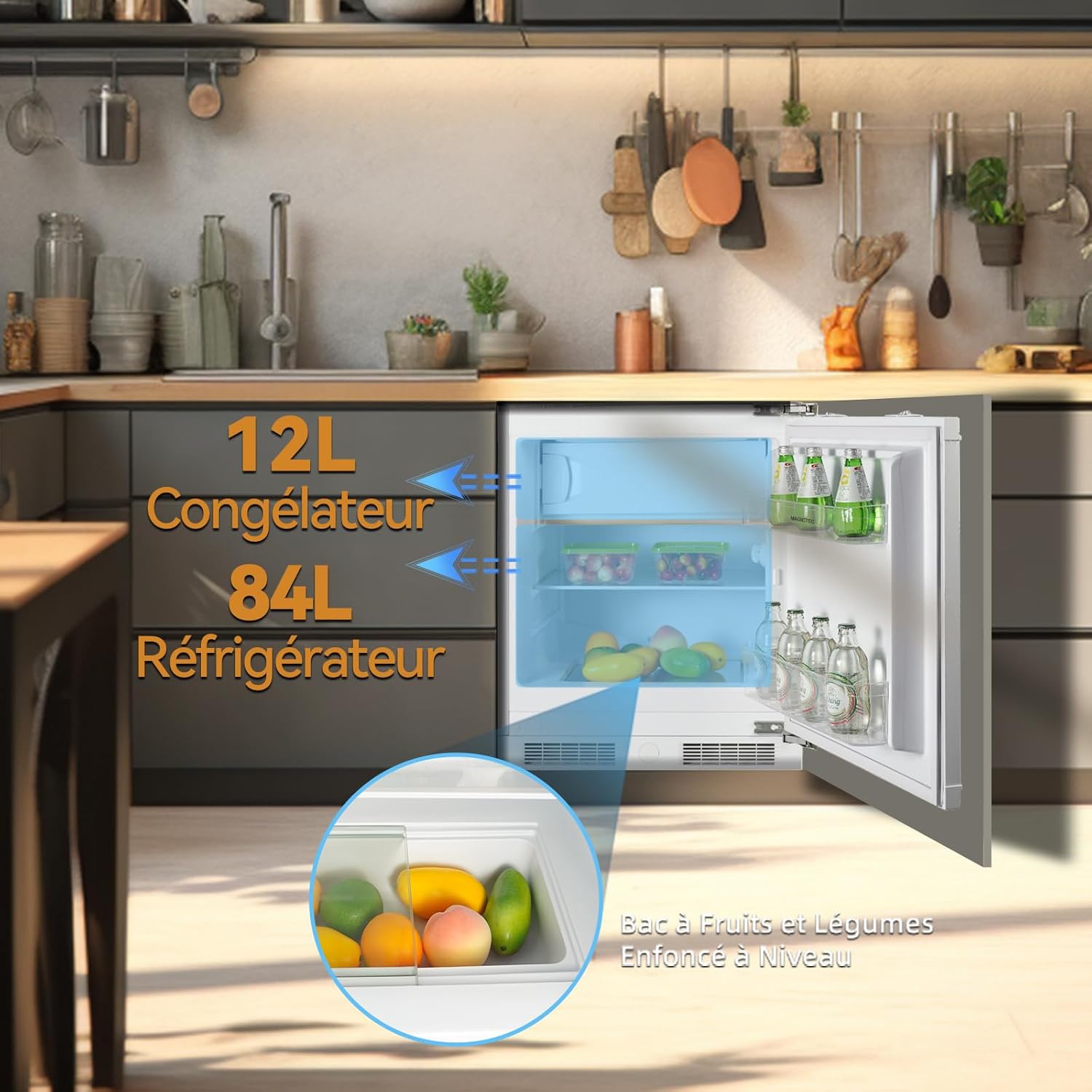 Réfrigérateur congélateur encastrable 82 cm, 96L, charnières réversibles, réglage température