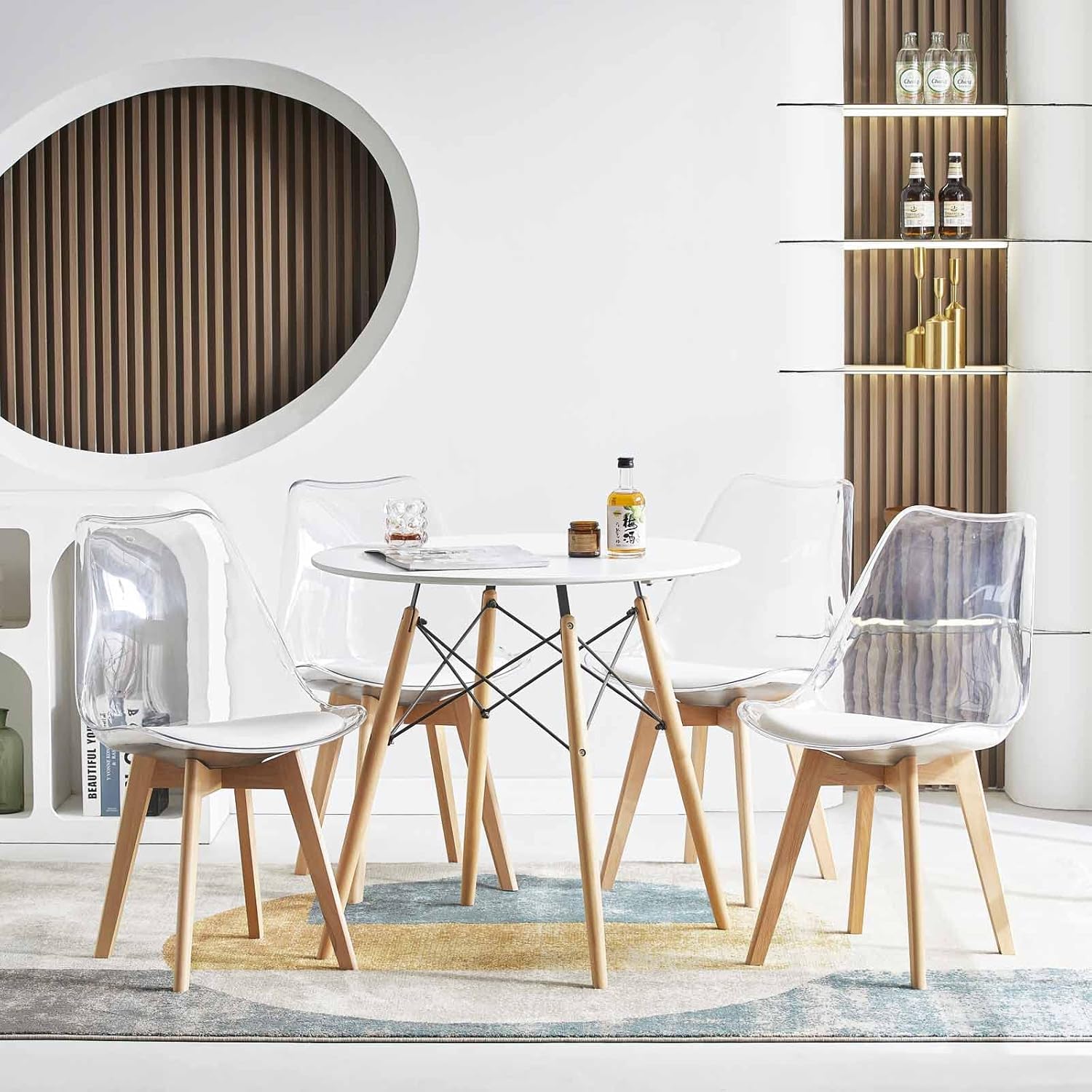 EGGREE - chaises scandinaves lot 8 - bois hêtre - coussin cuir blanc, dossier transparent, testées SGS