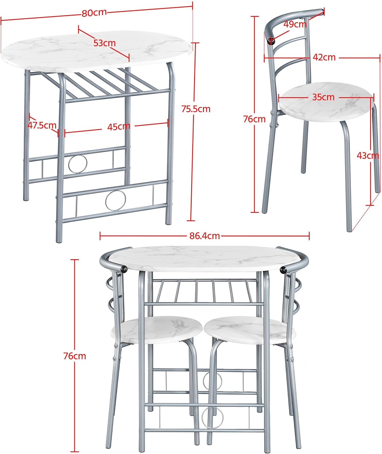 Yaheetech – Ensemble table ronde, 2 chaises, bois MDF, métal, porte-bouteilles, pour petit espace, Studio Blanc