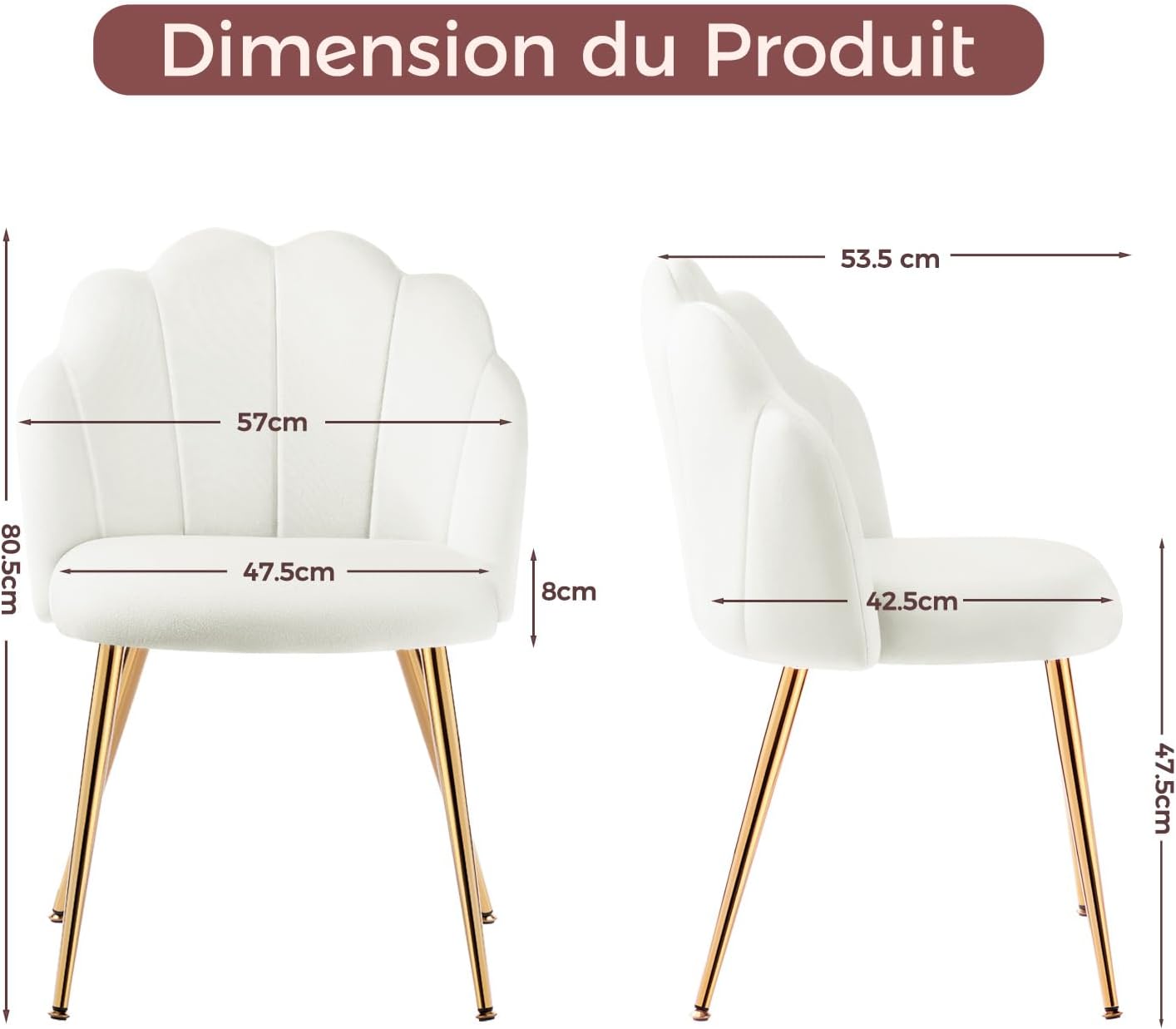 Chaise de coiffeuse - velours, pieds métal doré - design coquillage, adulte, chambre, beige/blanc