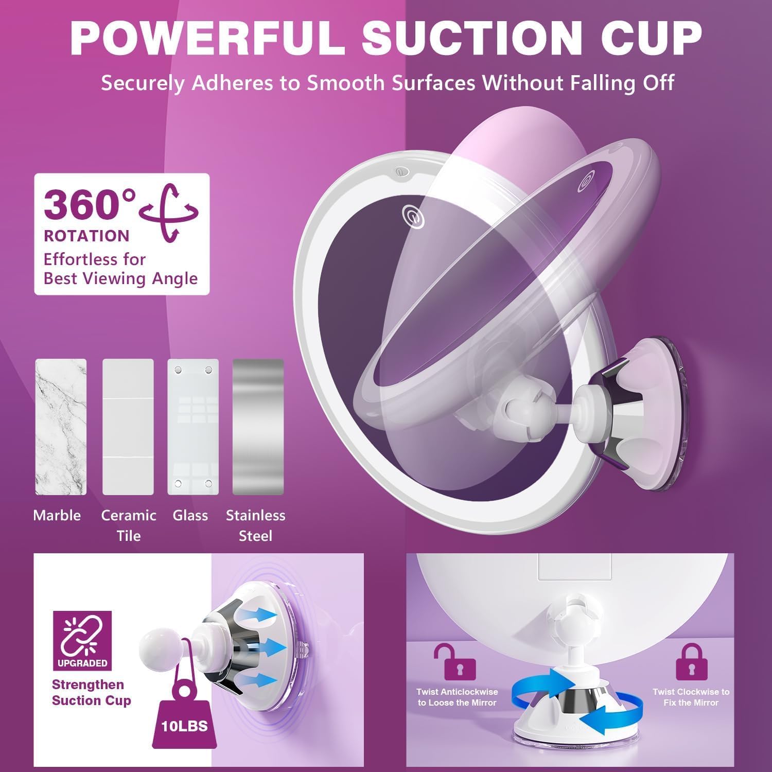 Auxmir - miroir maquillage 30X - Ø non précisé - LED 3 tons, ventouse, rotation 360°