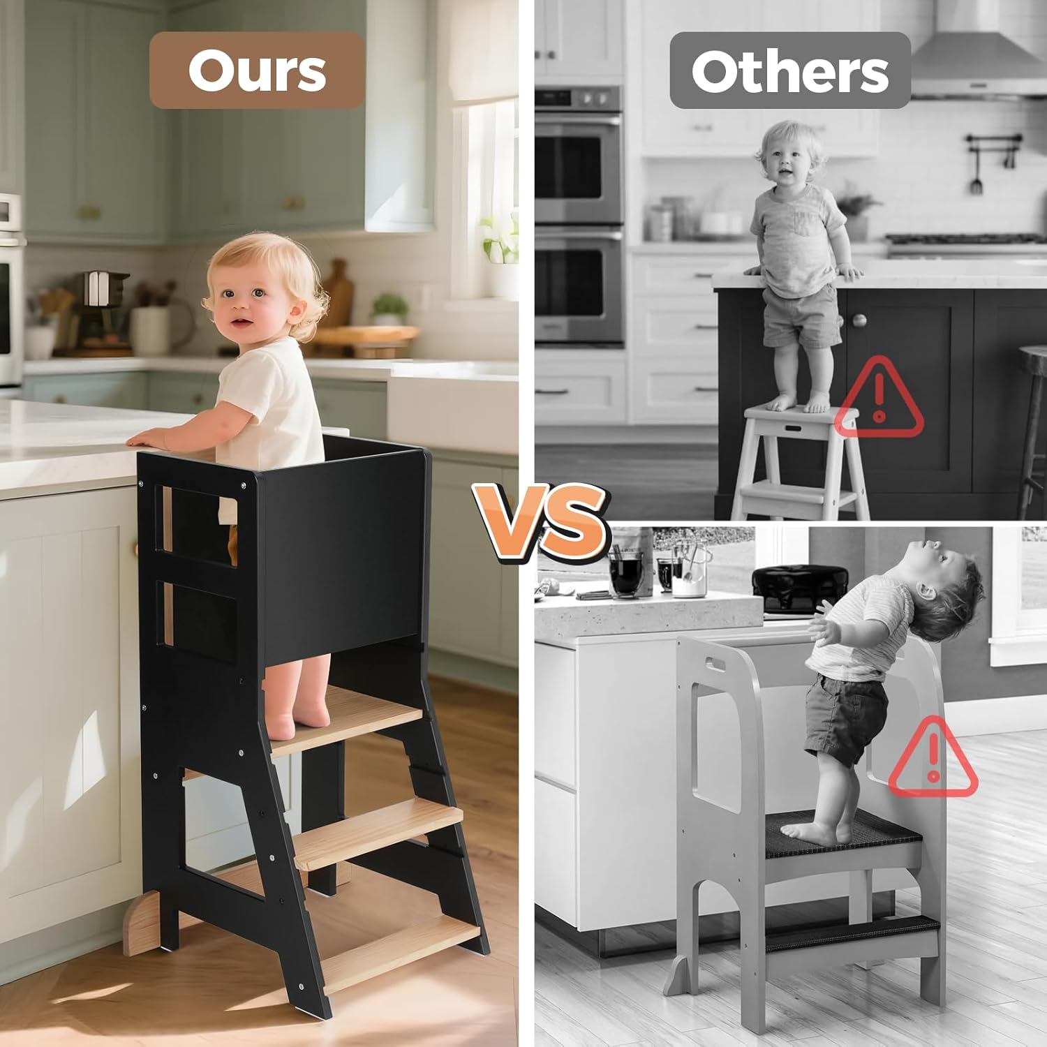 KIDINIX - Tour d'apprentissage réglable, bois/noir, anti-basculement, tableau