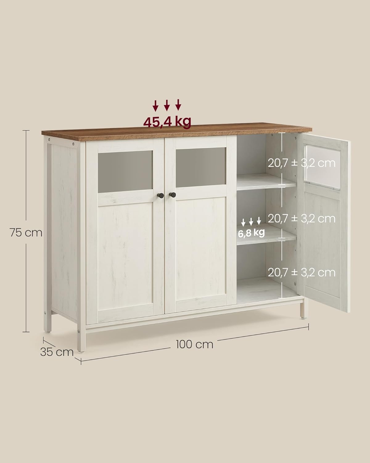 VASAGLE - Buffet 3 portes - cadre acier, style industriel, marron/blanc - LSC099WJ02