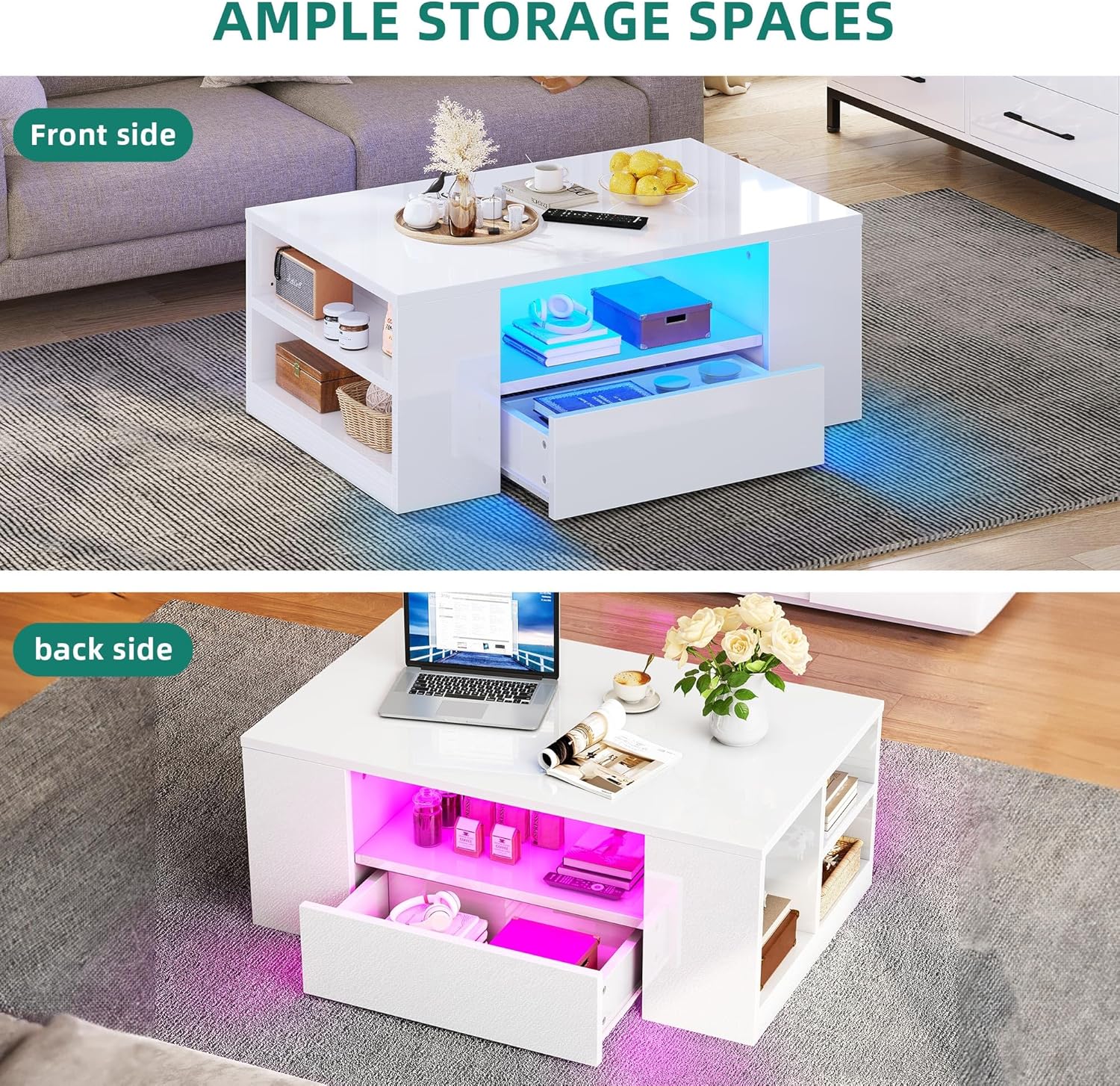 YITAHOME - table basse LED 16 couleurs, 95x55x37 cm, 2 tiroirs