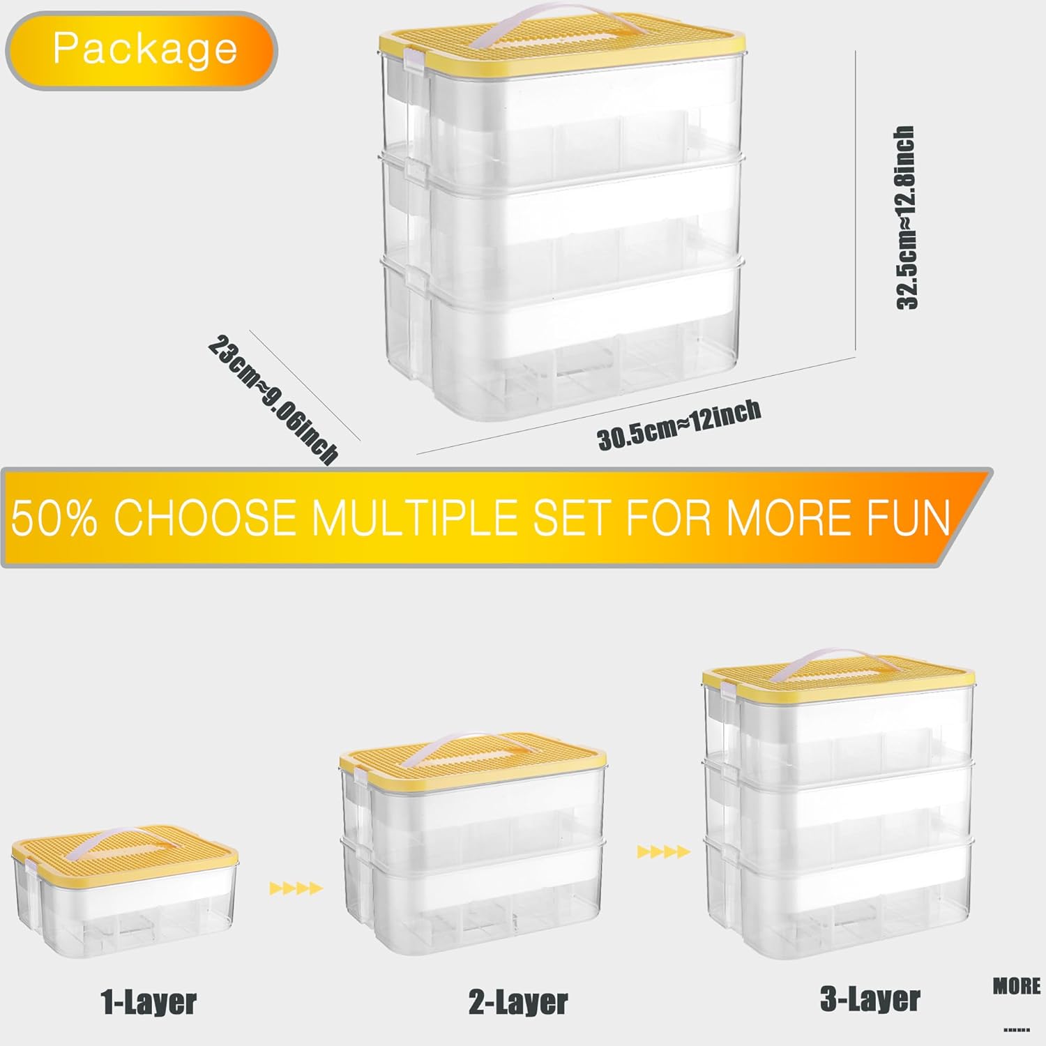 Boite Rangement Plastique - grande malette 3 couches - compartiments empilables étanches, transparente, couvercle