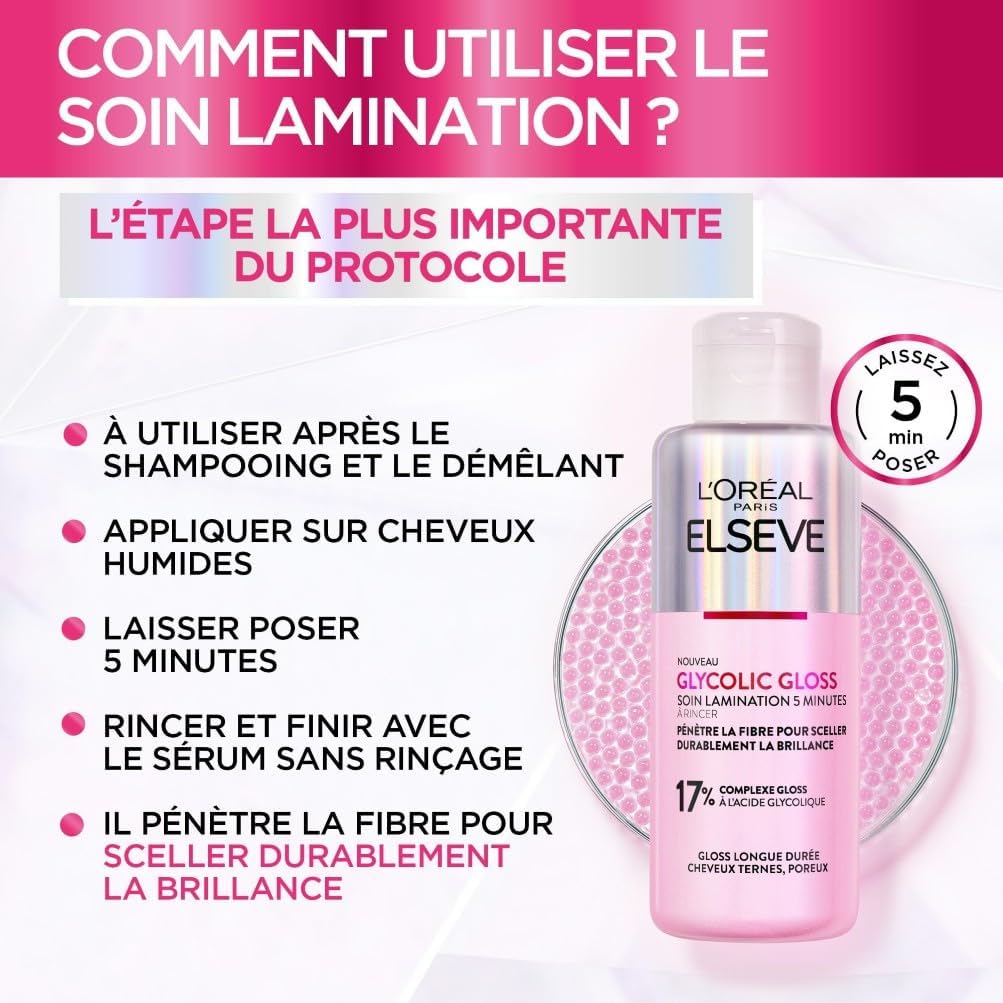 L'Oréal Paris - Elseve Glycolic Gloss - Routine cheveux ternes - sans sulfates - pack 3 soins