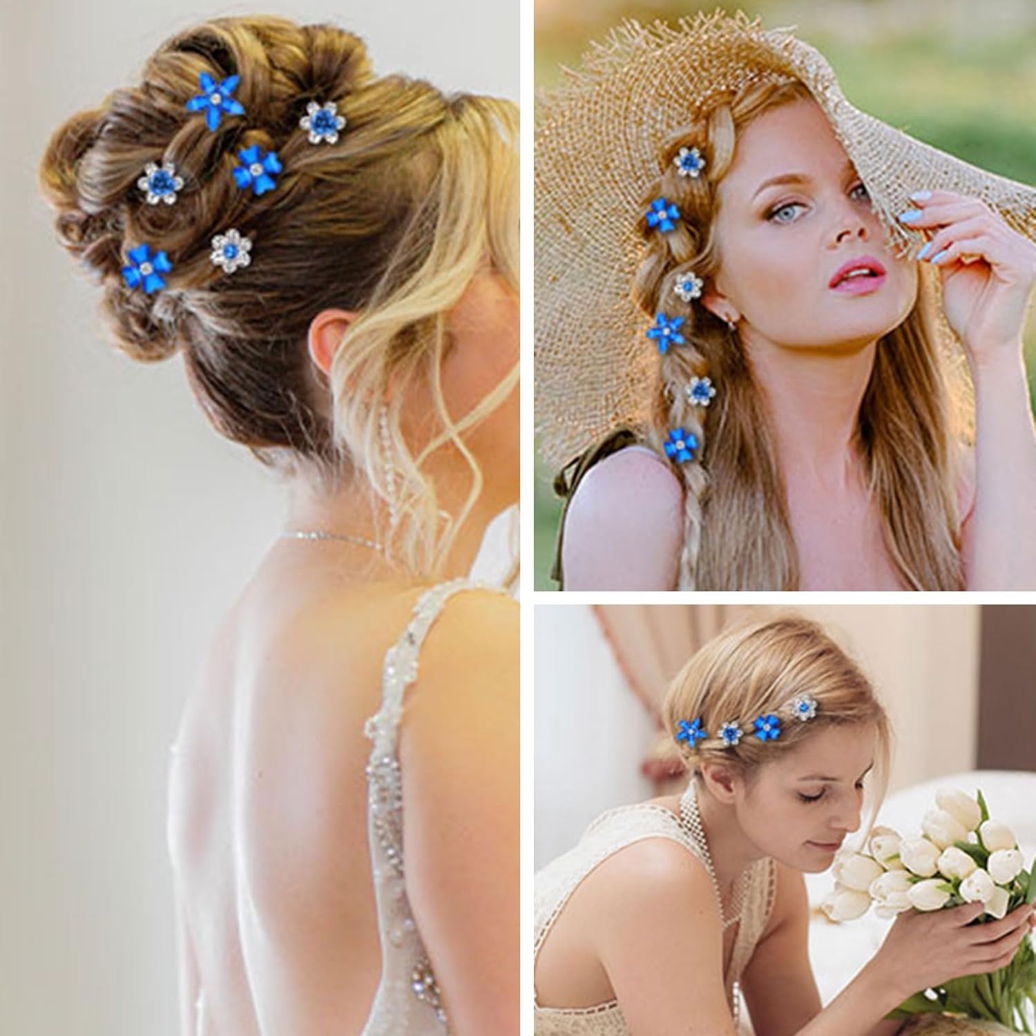 Pinces à cheveux - lot de 20 - mini strass fleurs, mariage, 4 motifs