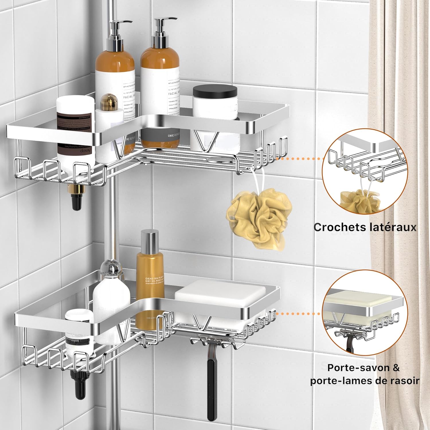 Kegii - étagère douche télescopique, 4 paniers réglables, argent