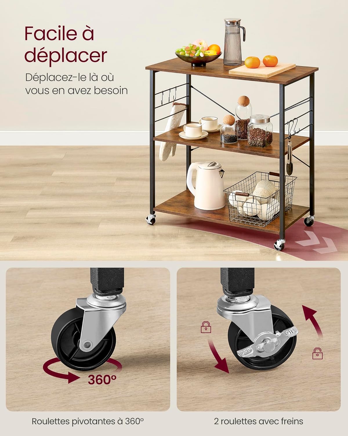 VASAGLE - Chariot cuisine 3 niveaux 40x80x89cm, 6 crochets, KKS067K01