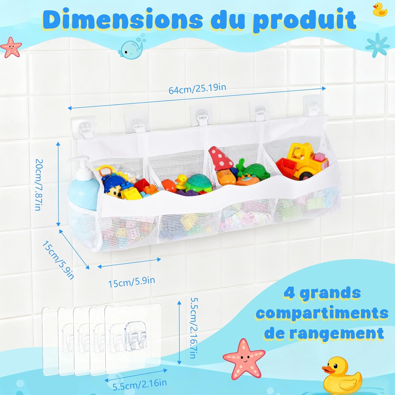 Rangement jouet bain - 4 compartiments filet suspendu - blanc, gain de place