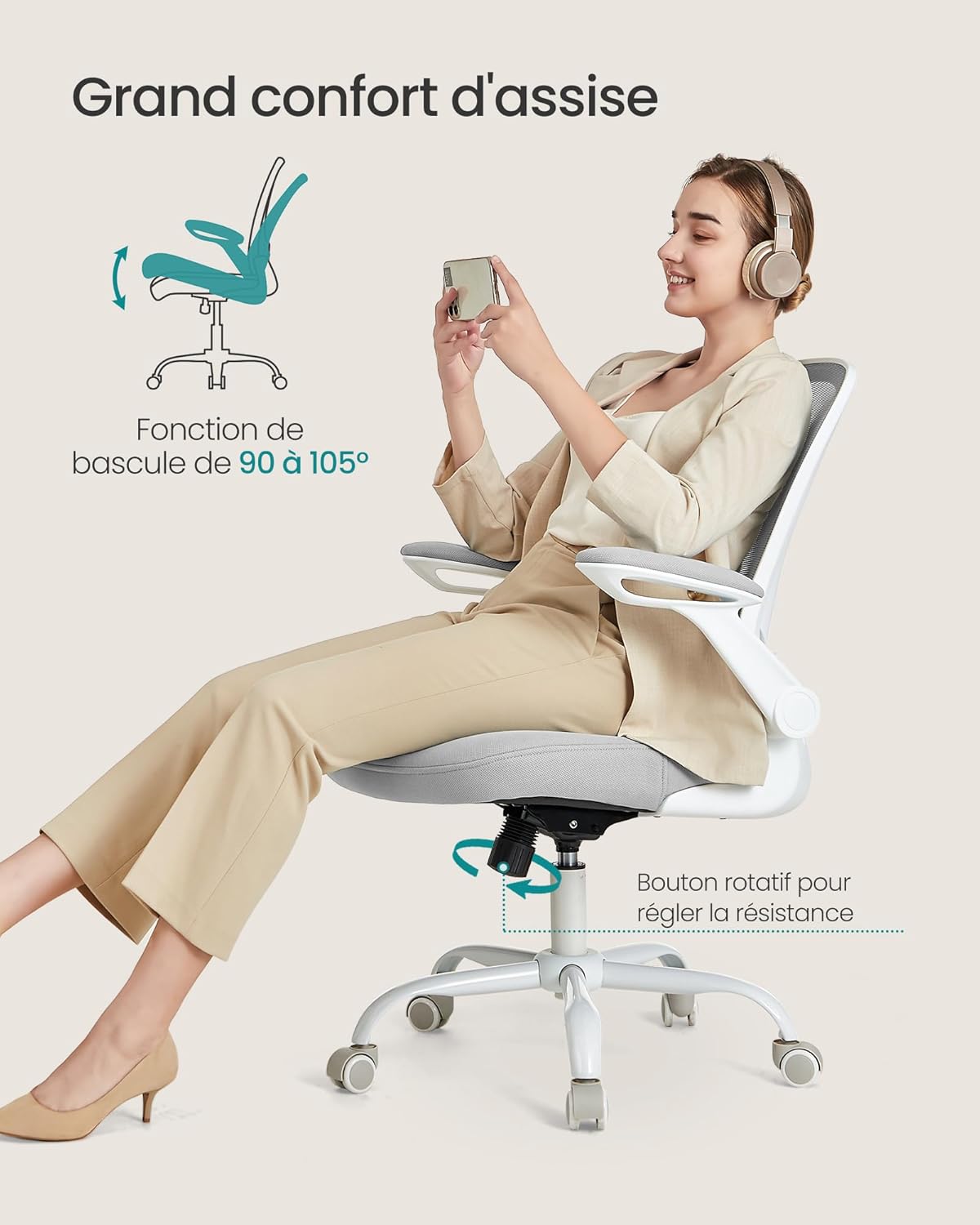 SONGMICS - chaise de bureau - 53 cm - ergonomique, accoudoirs rabattables, support lombaire, OBN037G02