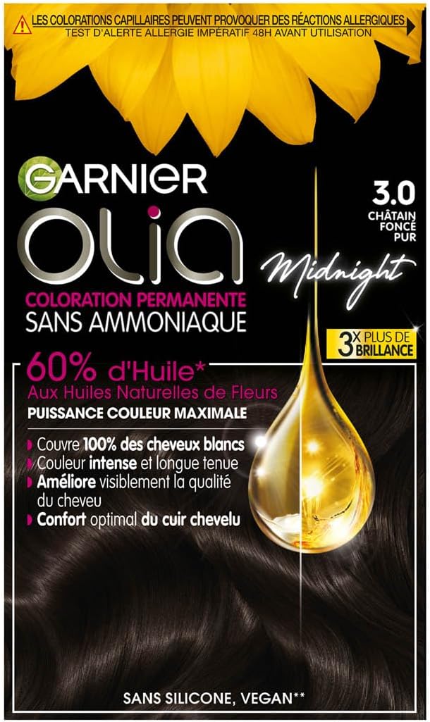 Garnier - Olia Coloration Permanente - 3.0 Châtain Foncé - Sans ammoniaque, huiles naturelles