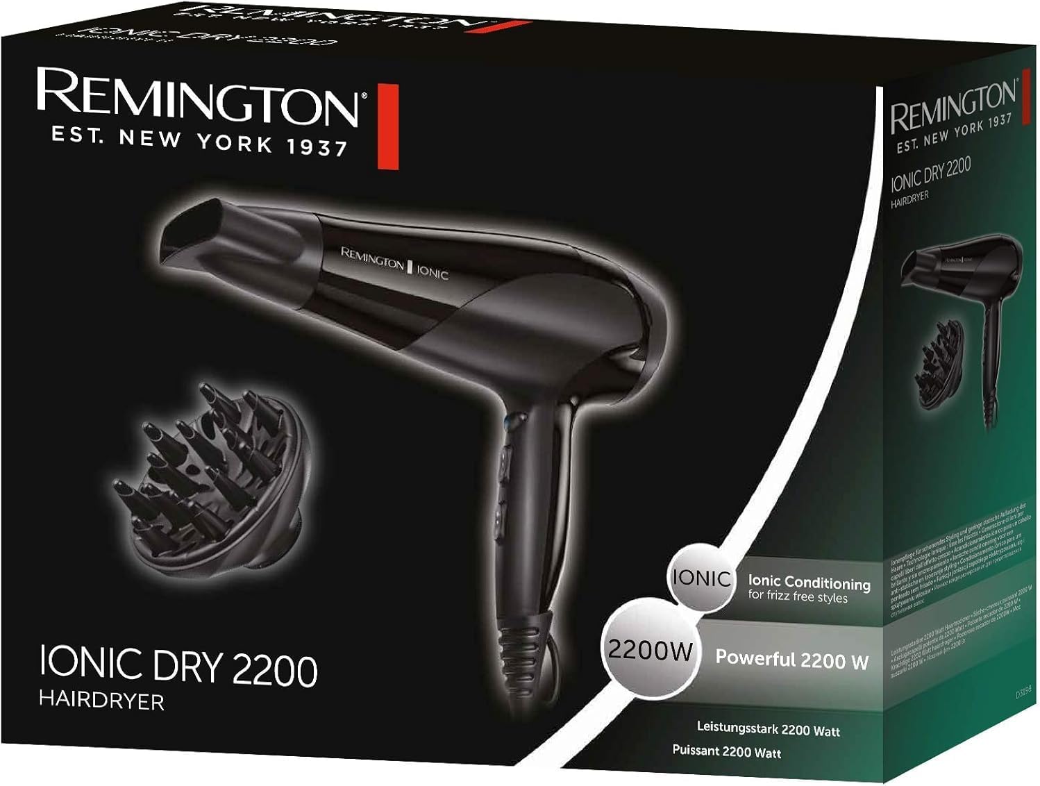 Remington - Sèche-cheveux Ionic Dry - 2200W, léger, 3 temp., 2 vitesses, D3198