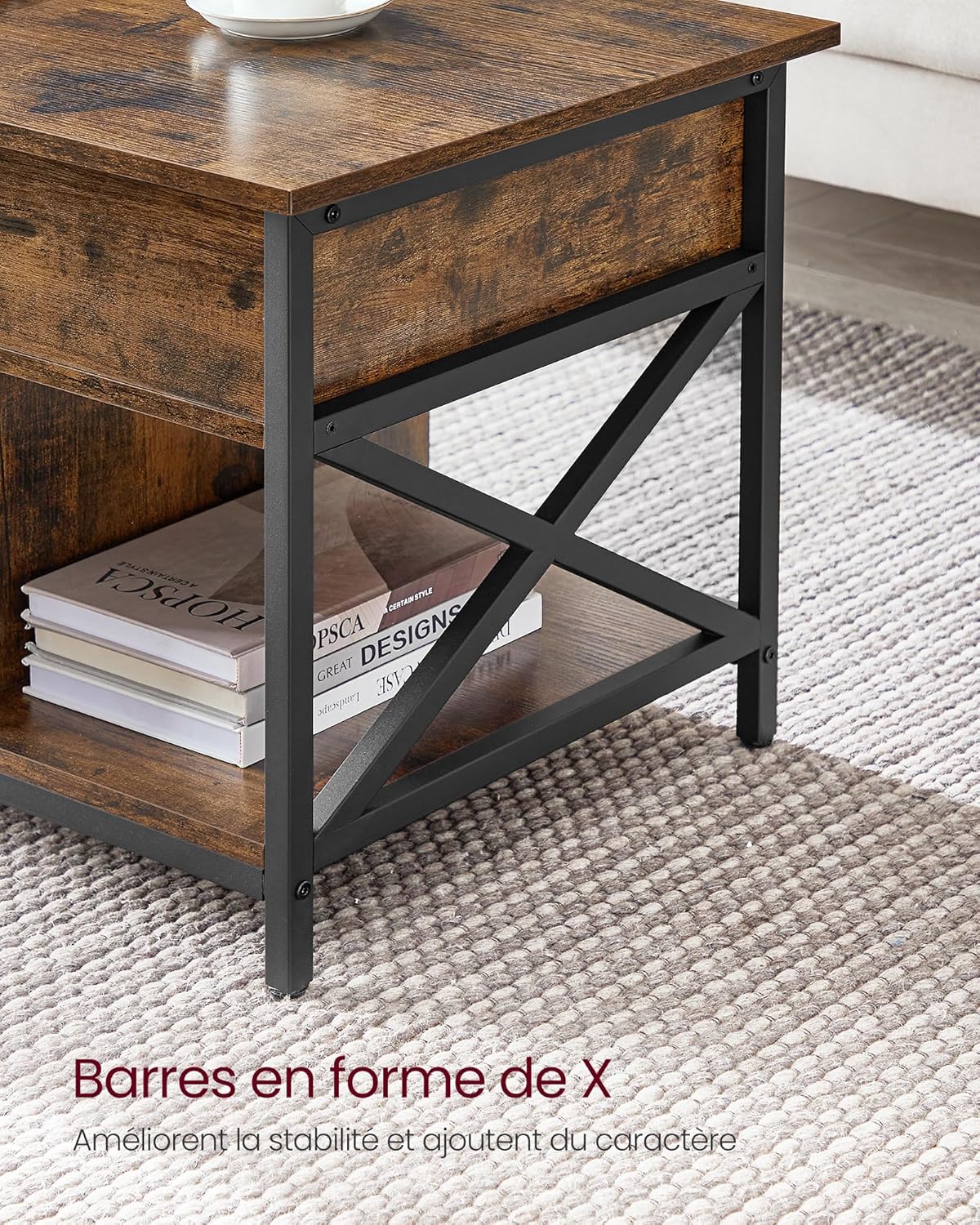 VASAGLE - Table basse série LCT202B01 - 50x100x(46,5-62)cm - plateau relevable, rangement caché, acier
