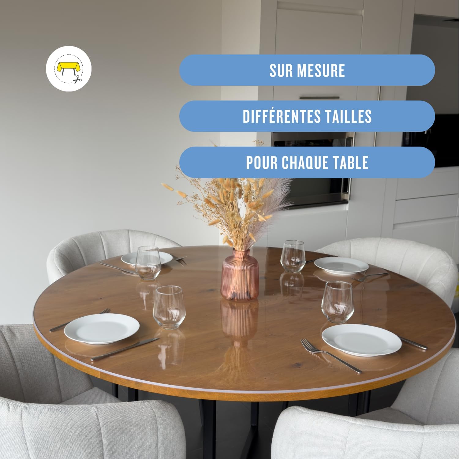 Nappe transparente ronde 85 cm, épaisseur 3mm, bords inclinés, toile lavable