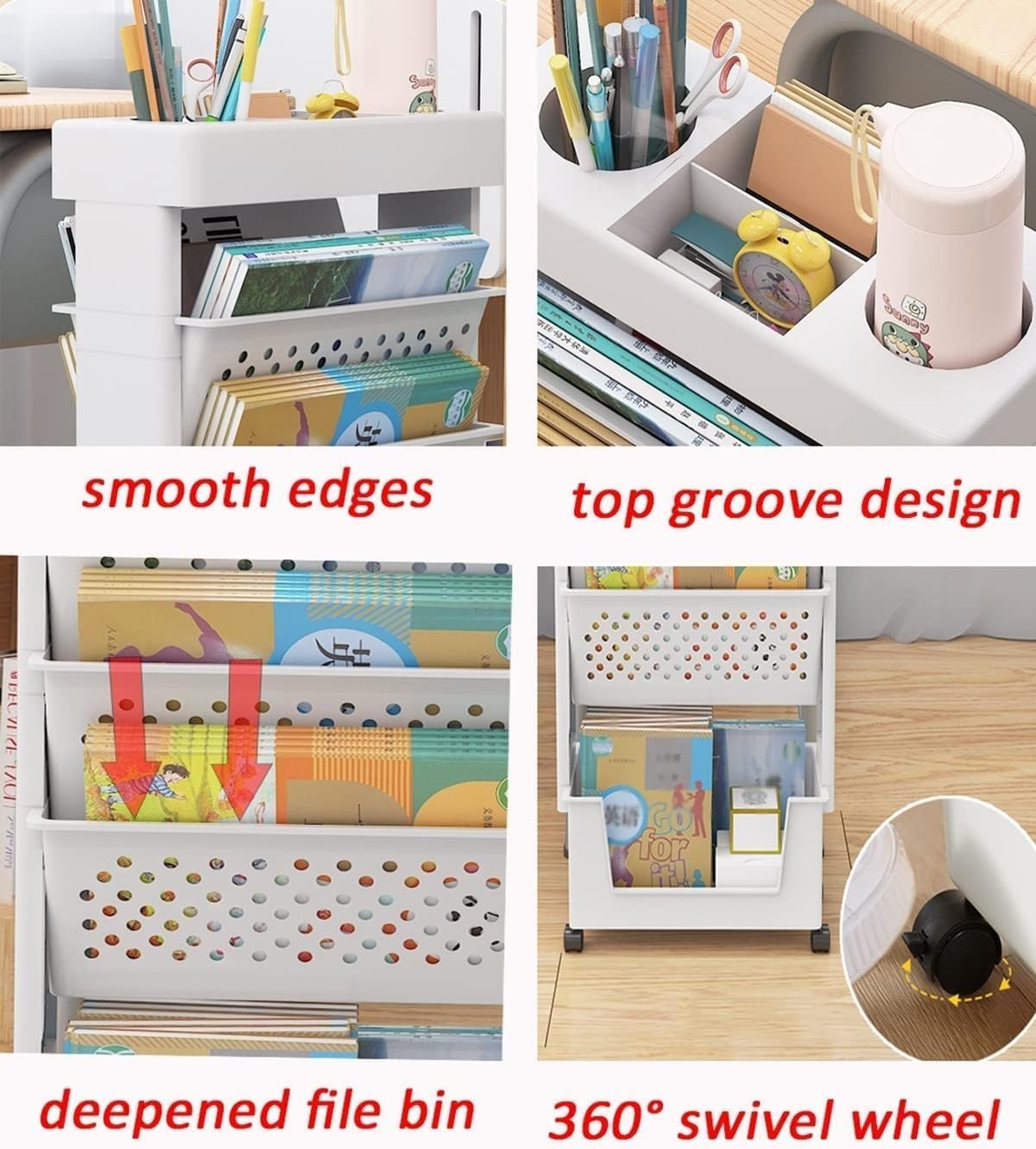 Étagère de bureau mobile - 5 niveaux - avec roulettes, rangement étroit, organisateur porte-revues, pour maison/cuisine/