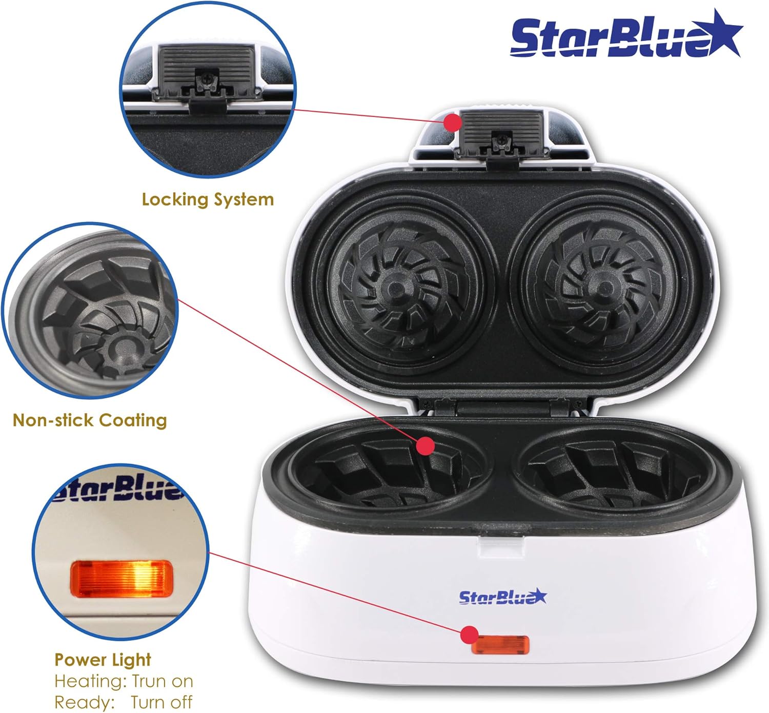 StarBlue - Double Gaufrier Coupelle - 1200W - 220V/240V, prise EU/UK