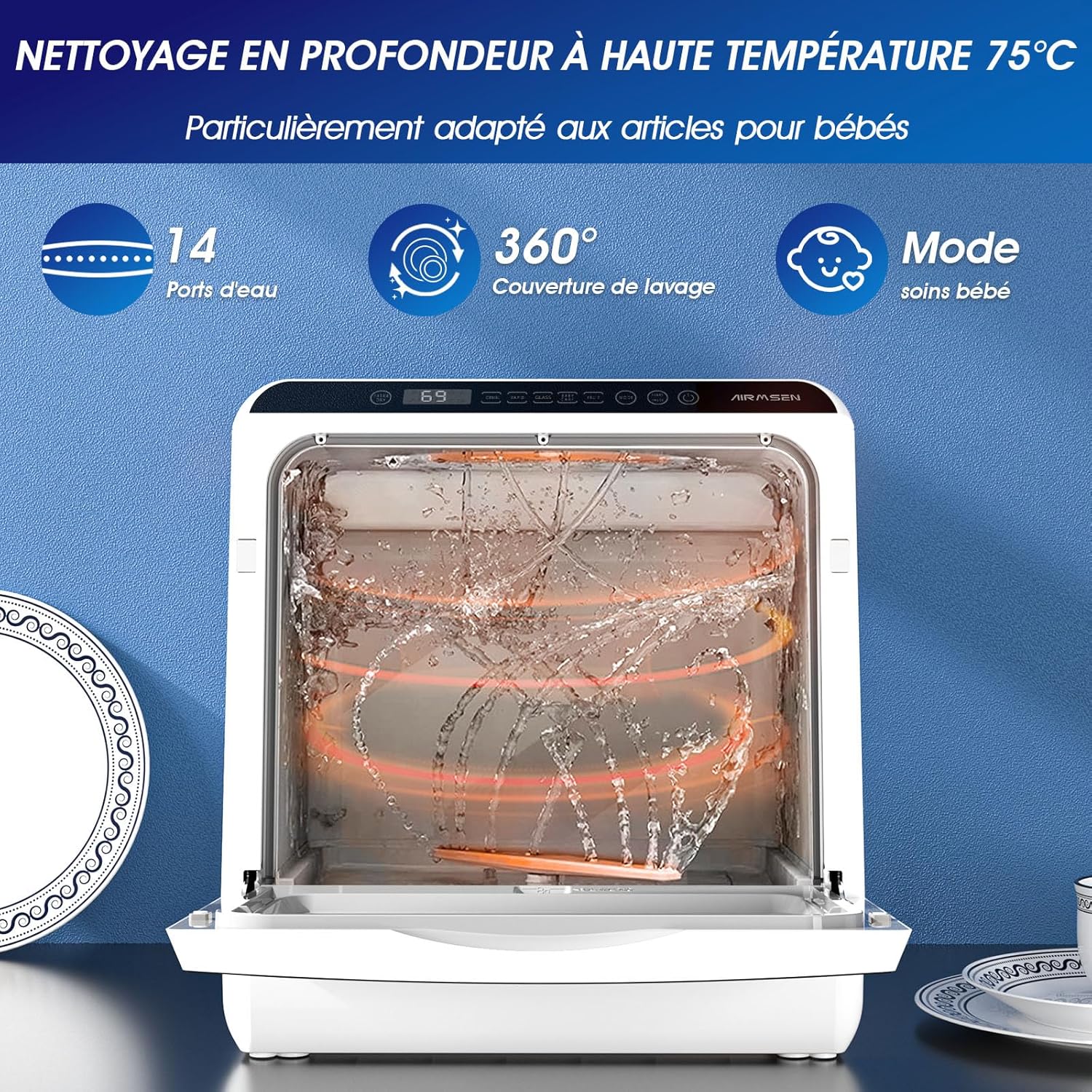 AIRMSEN - Mini lave-vaisselle de comptoir, 5L, écran LED, 5+1 programmes