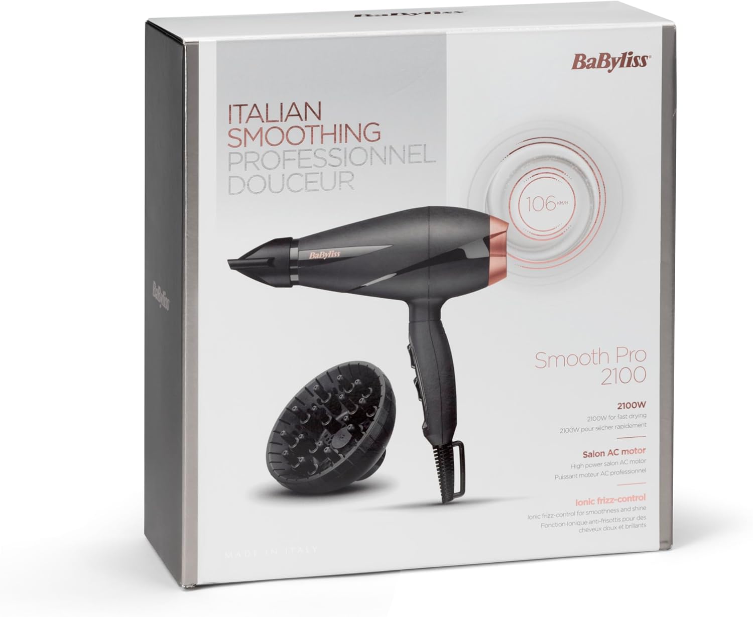 BaByliss - Sèche-cheveux Smooth Pro - 2100W, ionique, 3 températures, 2 vitesses, fabriqué en Italie - 6709DE