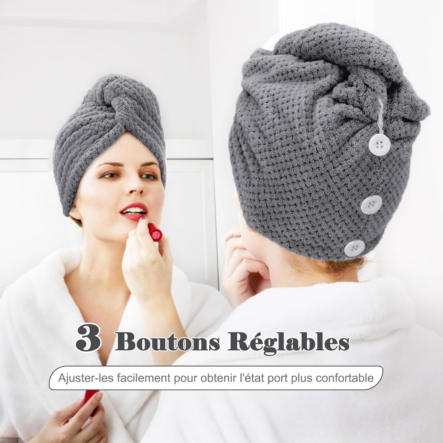 FREATECH – lot de 3 turbans microfibre – serviettes super absorbantes, anti-frisottis, bouton réglable – cheveux femmes/
