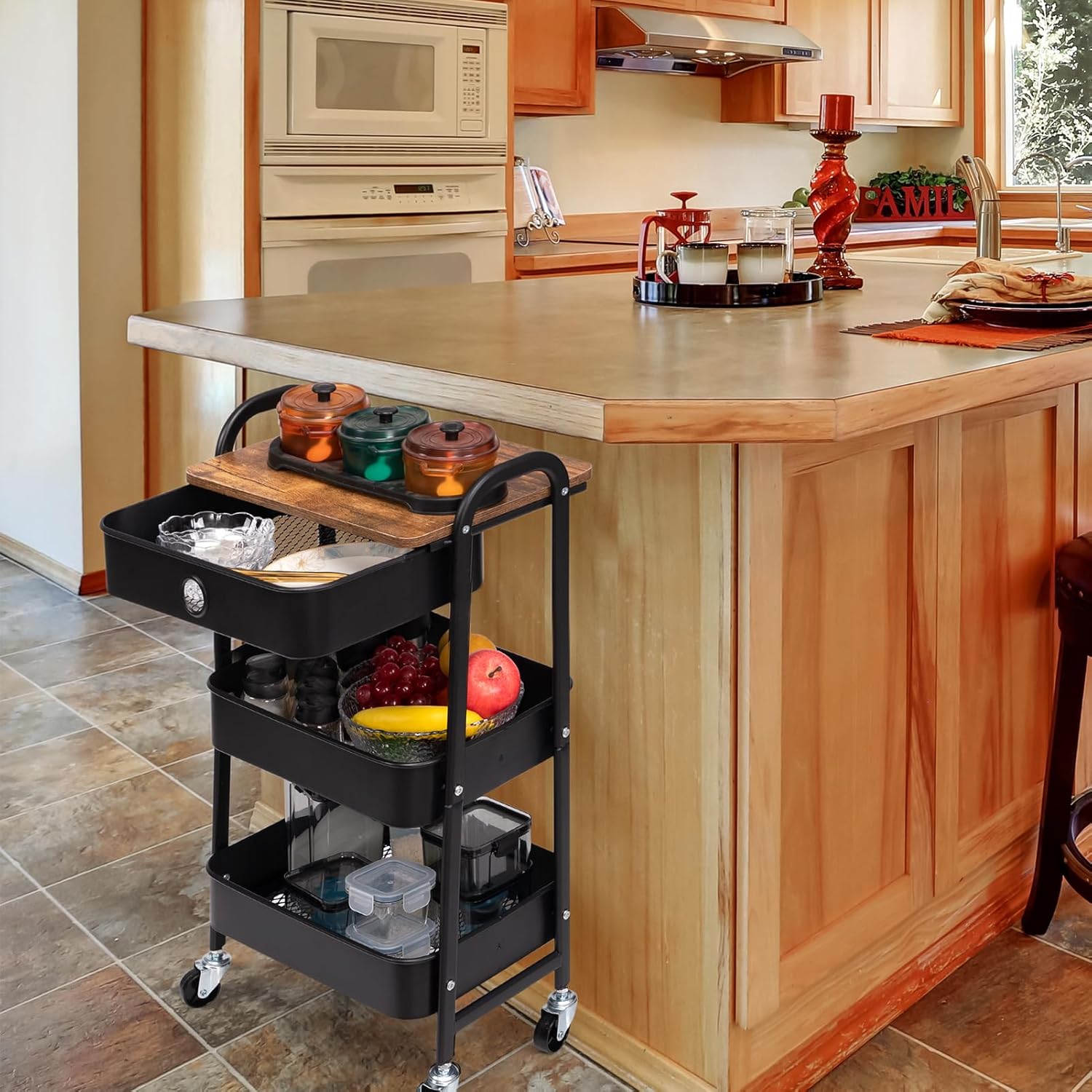 DOEWORKS - chariot 3 niveaux, métal, tiroir, noir, rangement mobile