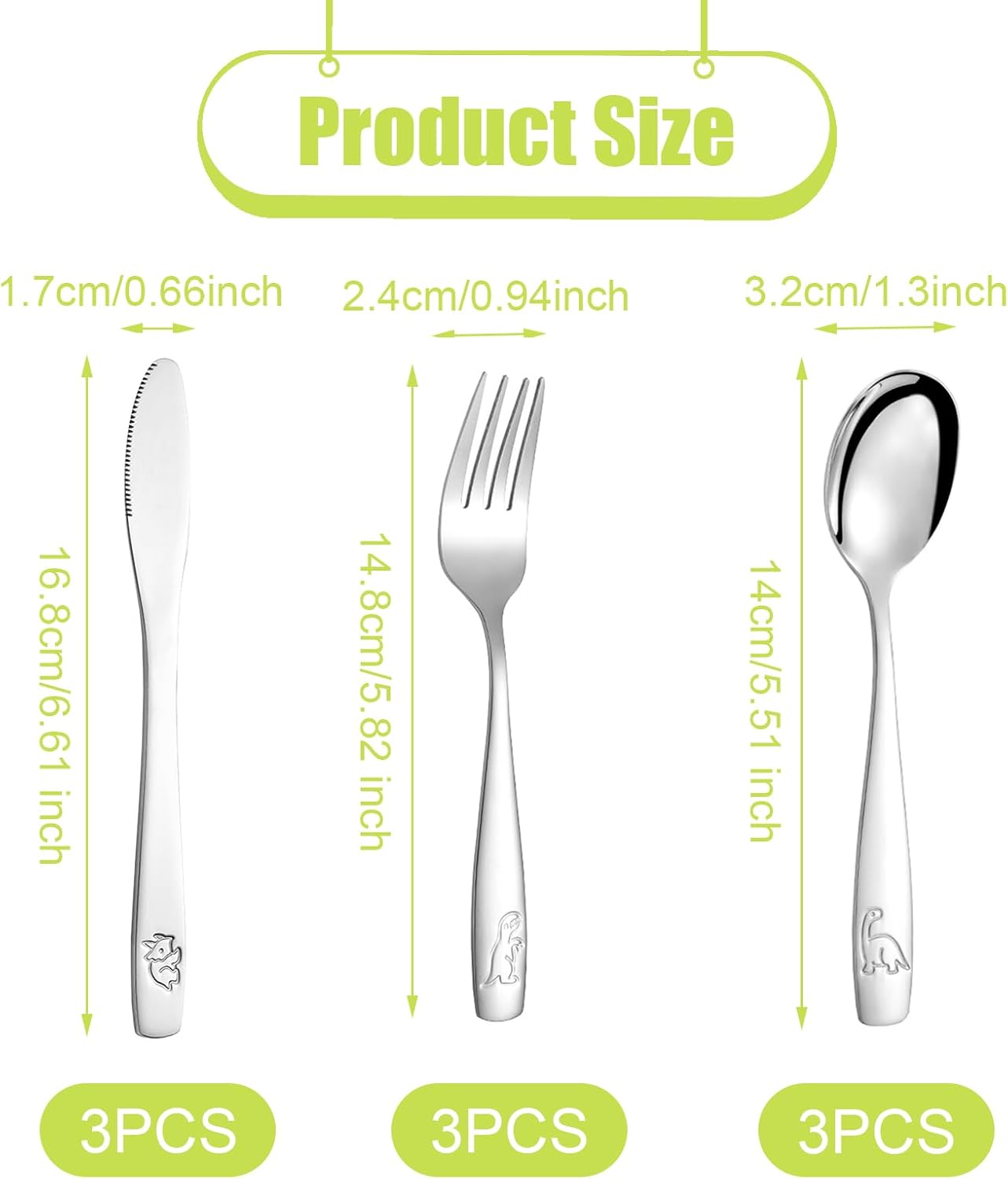 Couverts enfant inox 9 pièces - motif dinosaure - sécurité enfant