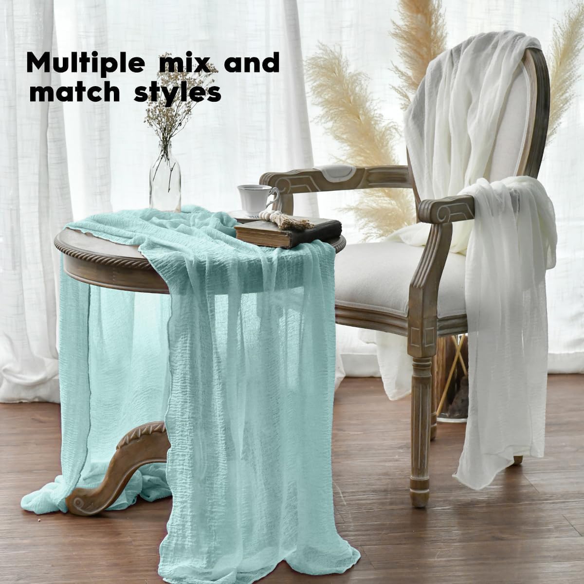 Artoid Mode - Chemin de table Bohème - 300 cm - Gaze mousseline menthe, décoration événements