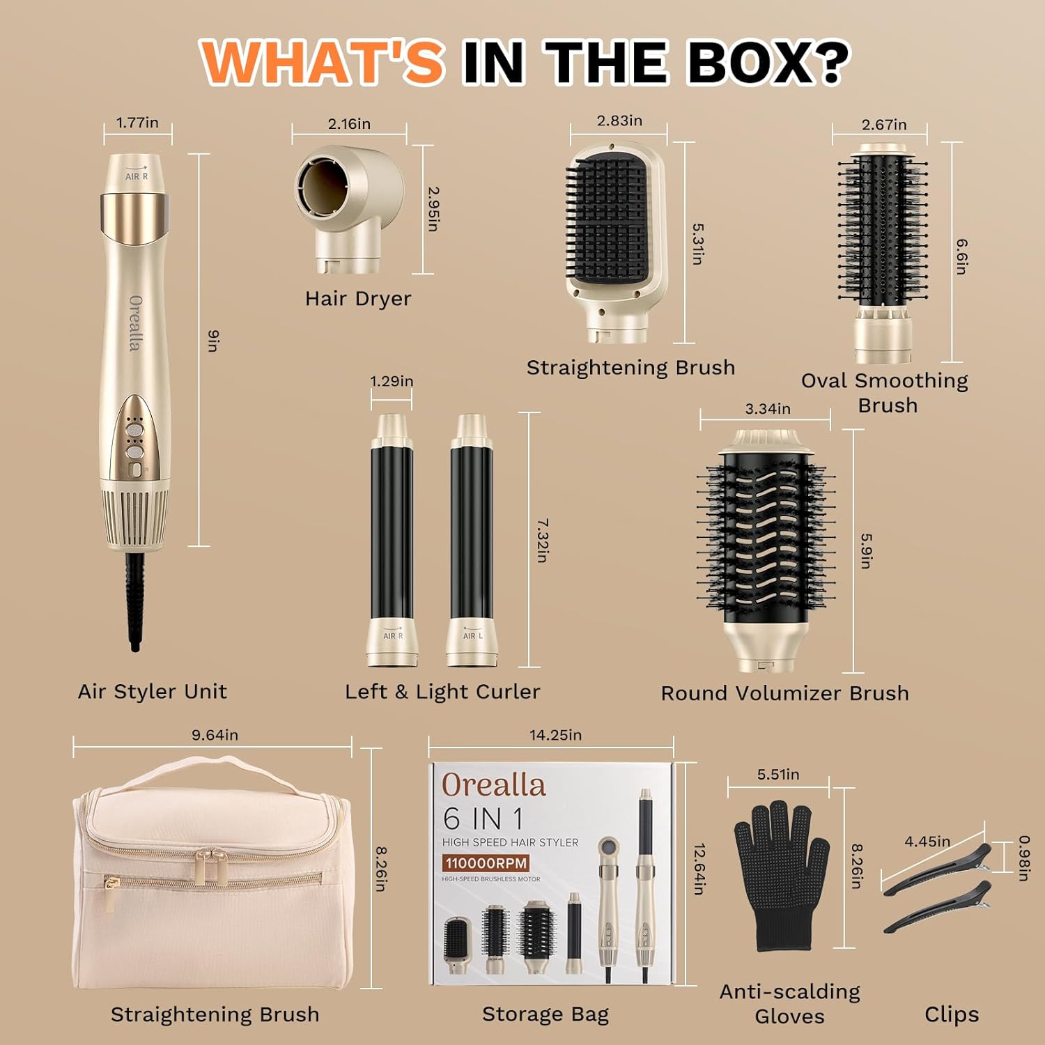 Brosse soufflante 6 en 1 - Air Styler - 11000 tr/min, céramique, ions, séchage et coiffage, sac inclus