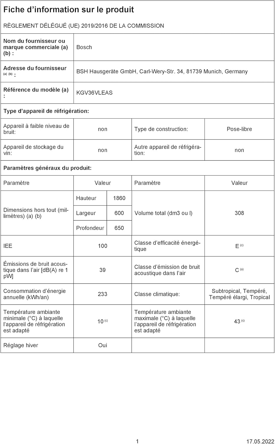 Bosch - réfrigérateur congélateur Série 4 - 186x60cm, 214L/94L, inox - KGV36VLEAS