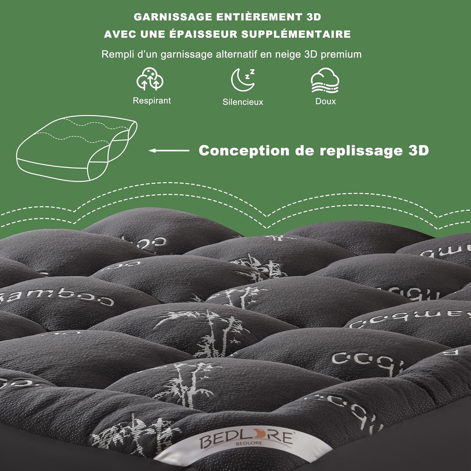 BEDLORE - surmatelas matelassé, 90x200cm, viscose bambou, bonnet 30cm, Oeko-Tex, gris foncé