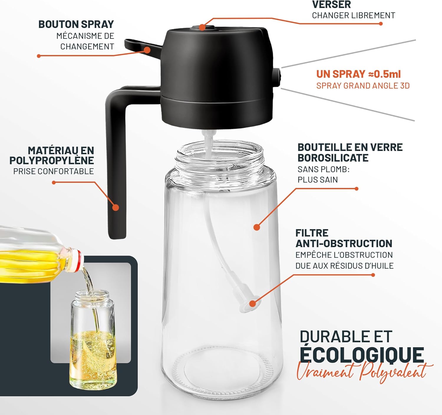 PORTENTUM - Spray huile cuisine 500ml - verre alimentaire, anti-lumière, pulvérisateur 2en1