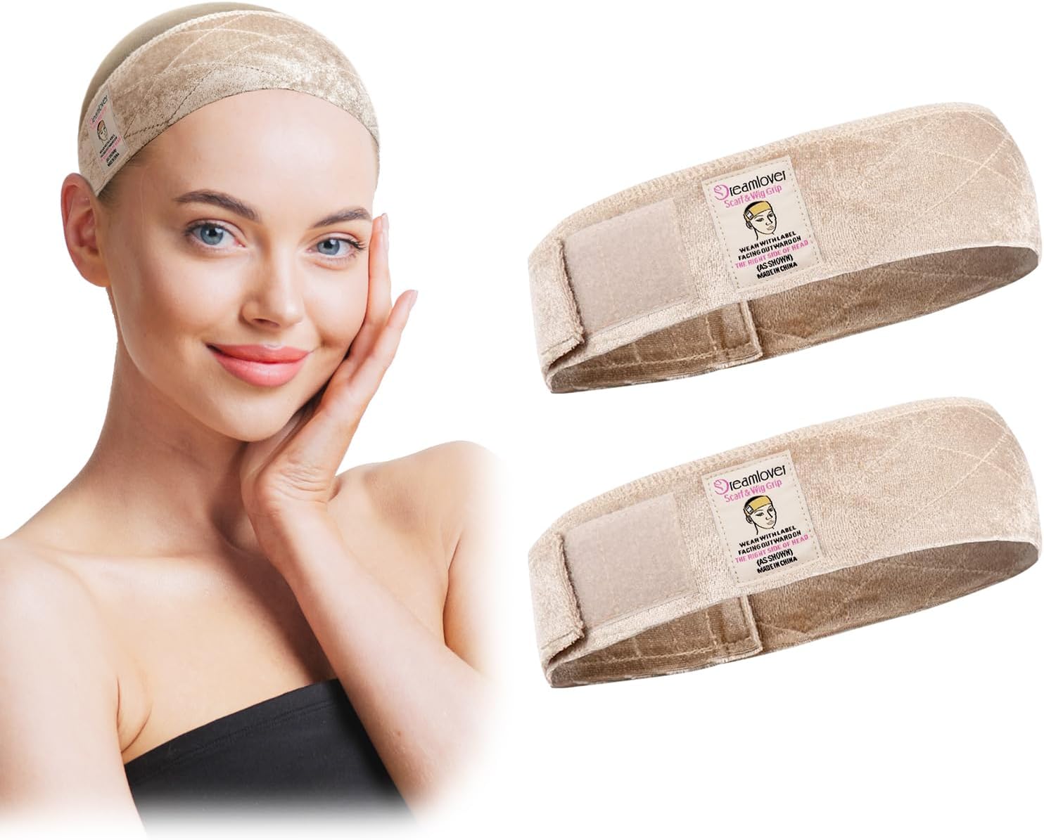 Dreamlover - Bandeaux velours pour perruque femme, 2 pièces, nude