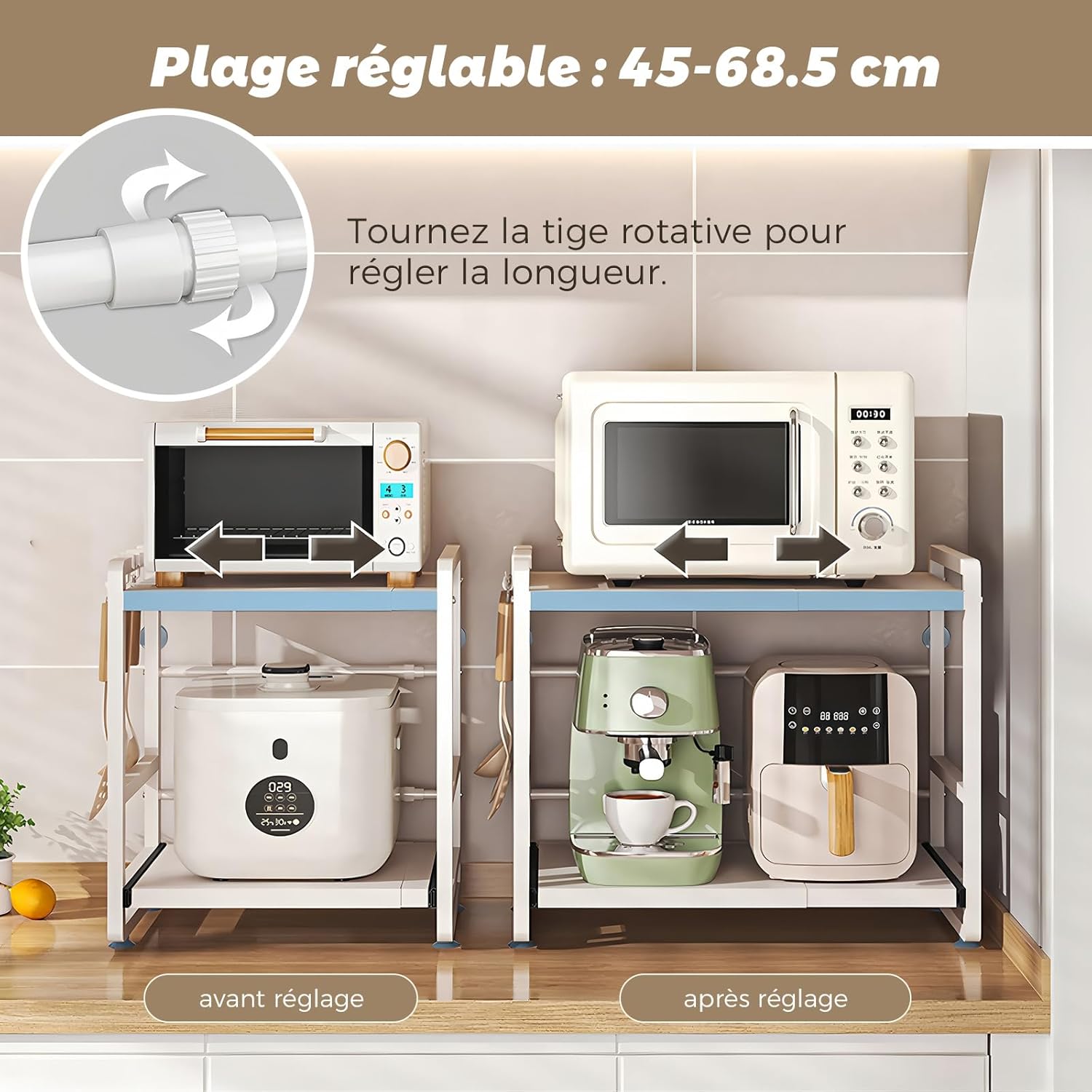 Étagère de cuisine 2 étages - réglable, extensible, tiroir - acier blanc