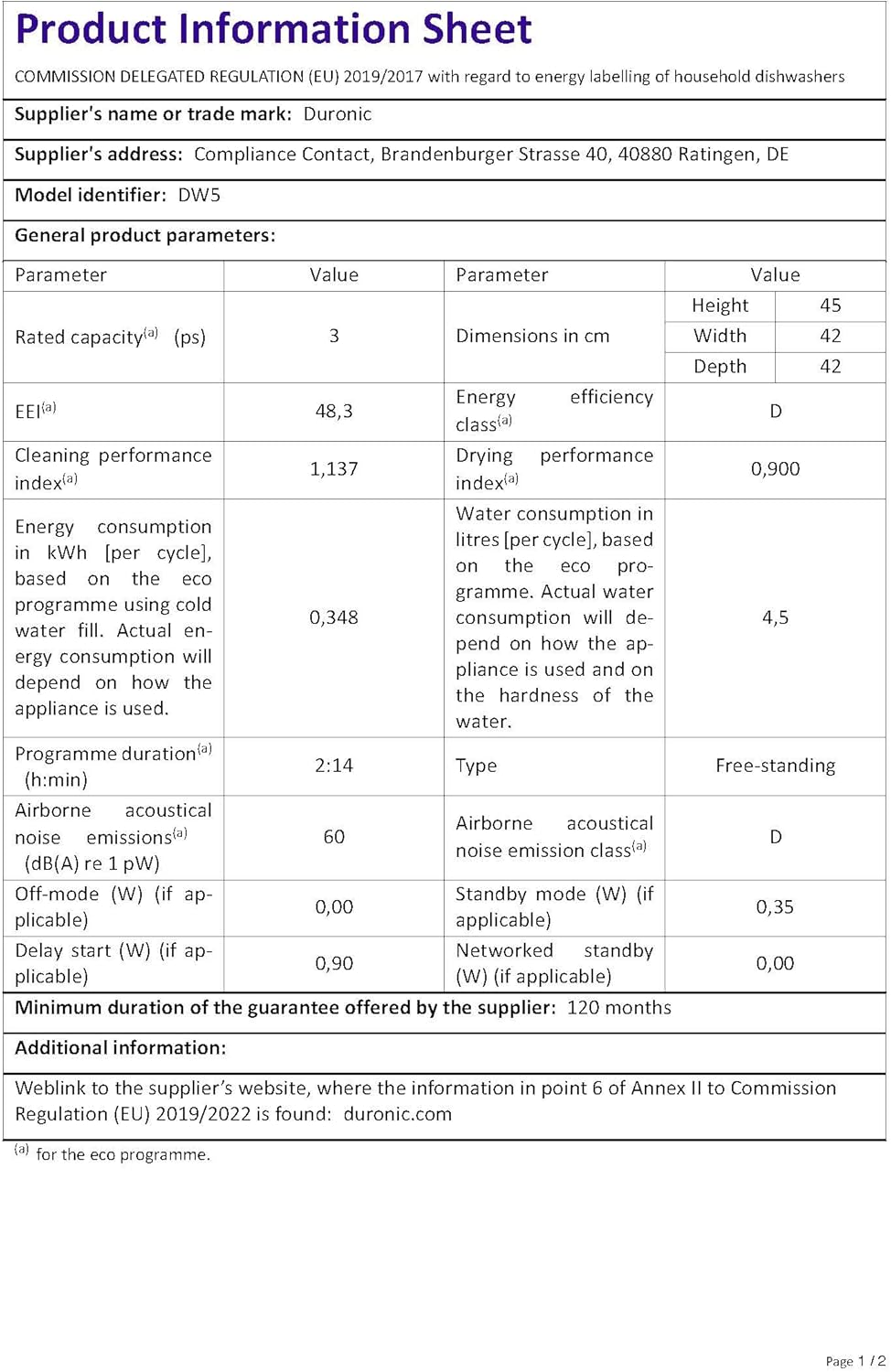 Duronic - DW5 BK - compact 55x50x43cm - 7 programmes, séchage performant
