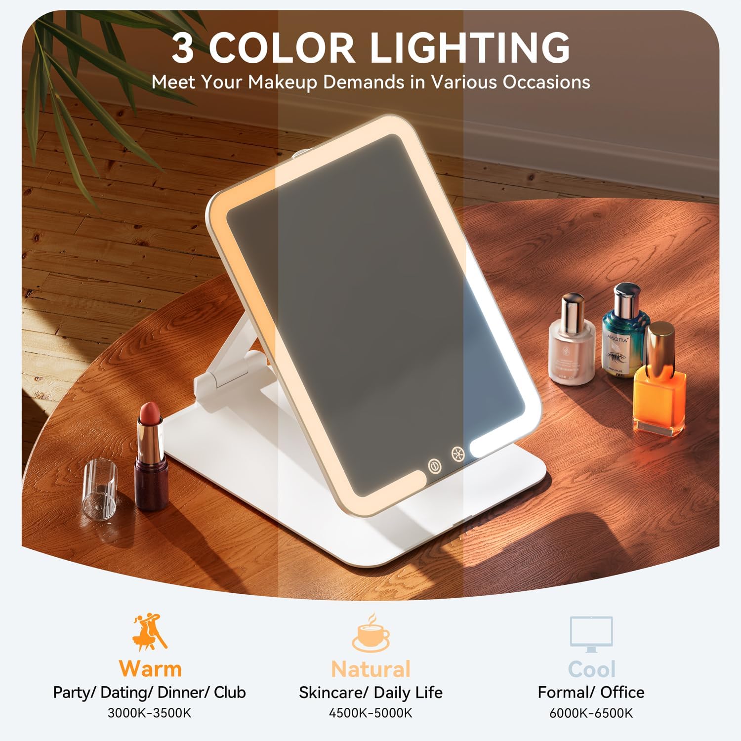 Auxmir - Miroir maquillage LED USB, écran tactile, 3 lumières, compact