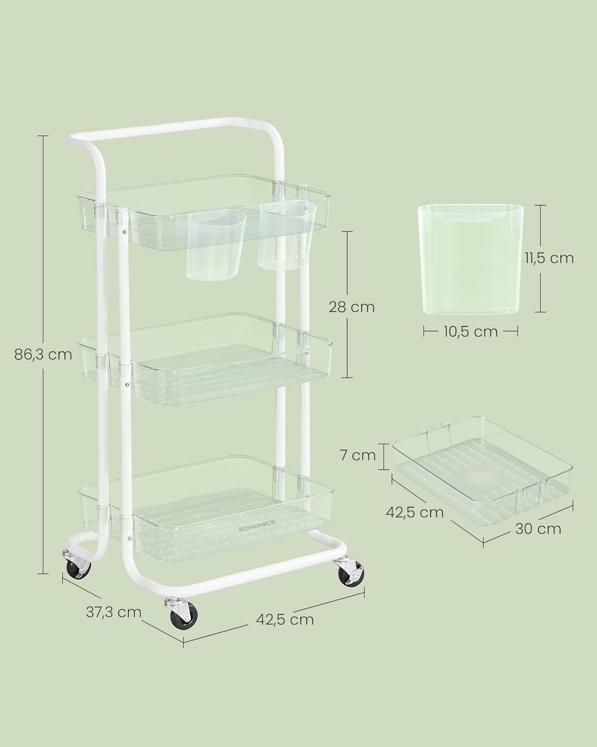 SONGMICS - desserte 3 niveaux, poignée, roulettes, 2 pots, 2 freins, BSC067W03