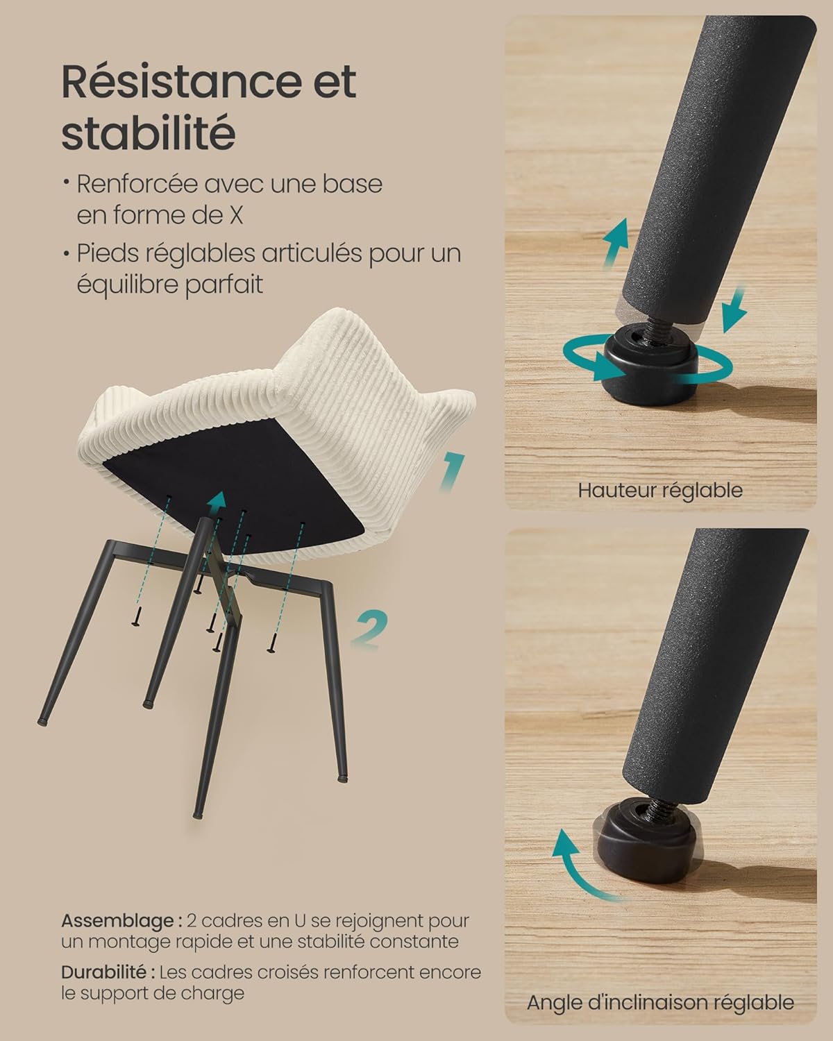 SONGMICS - chaise salle à manger velours, accoudoirs, métal, 120kg, LDC087WD01