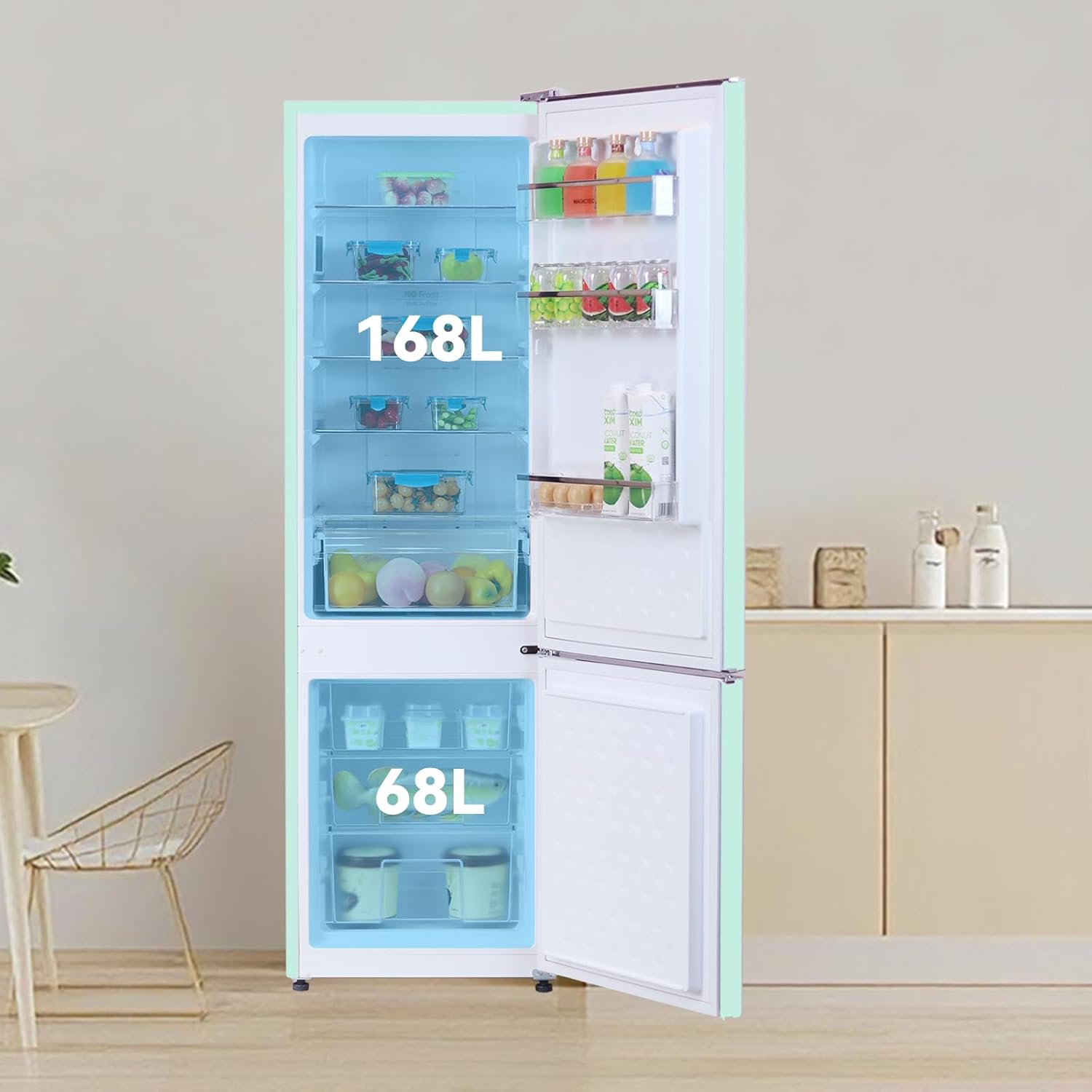 magictec - frigo vintage combiné 179cm, 236L, no frost, vert matcha