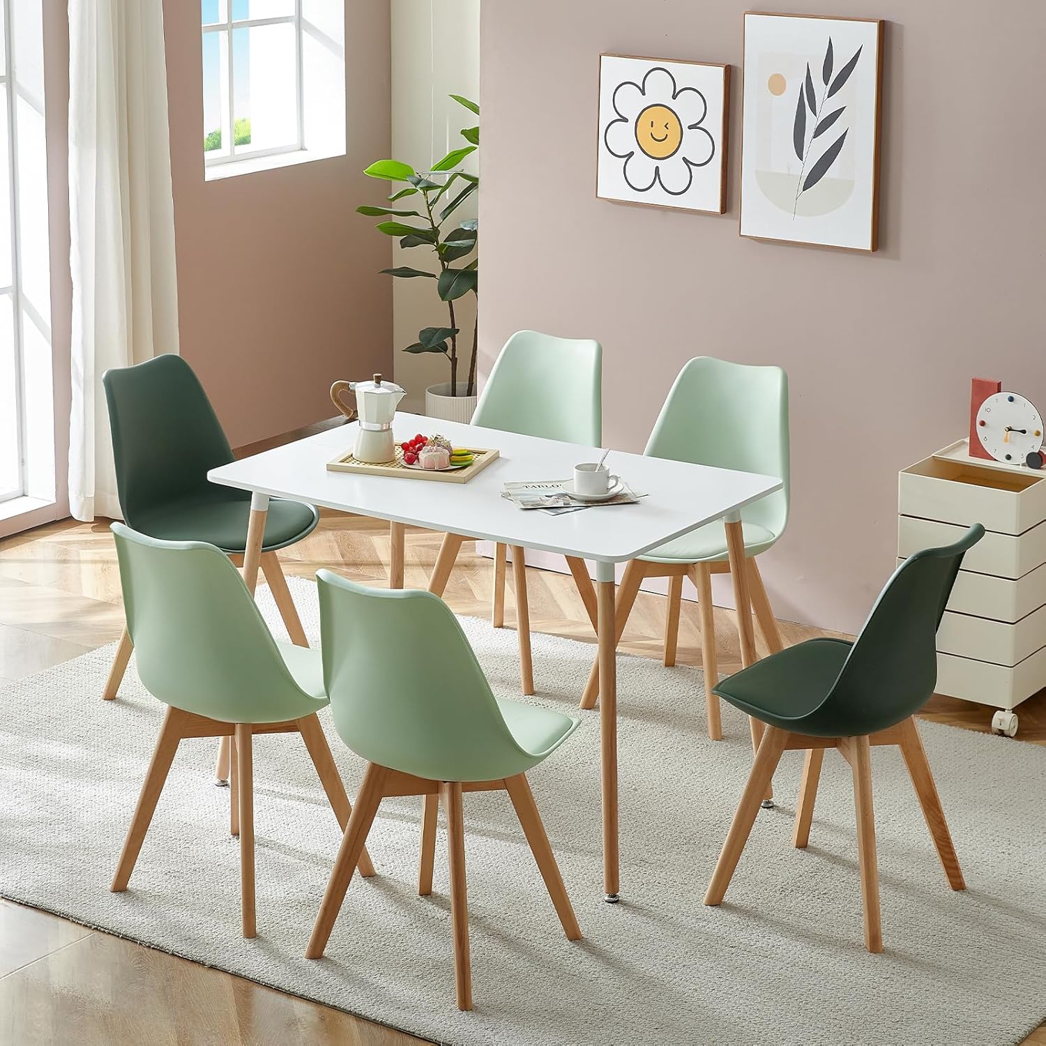 Eggree - lot de 8 chaises scandinaves, bois hêtre, rembourrées, vertes