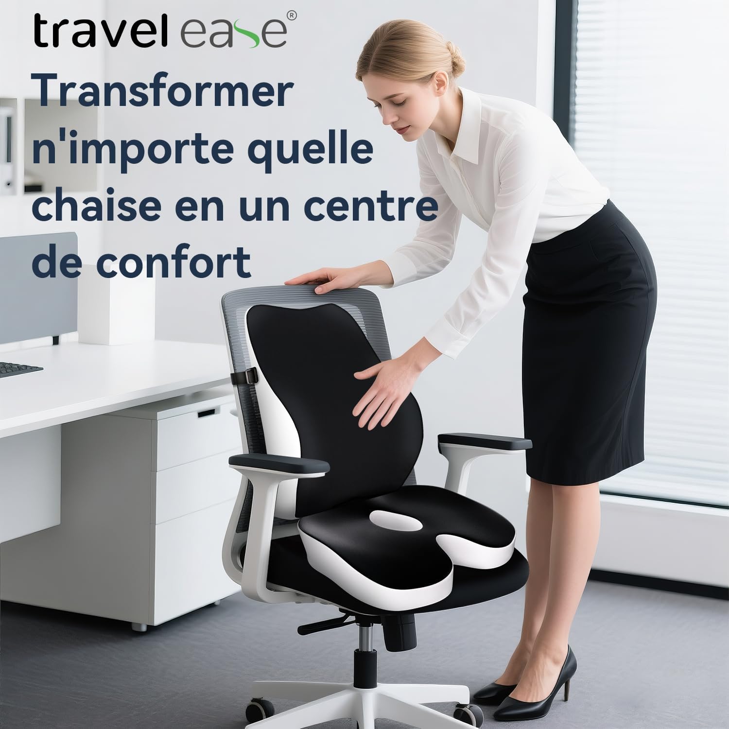 Travel Ease - Ensemble coussin mémoire ergonomique - soutien lombaire, assise confortable, noir
